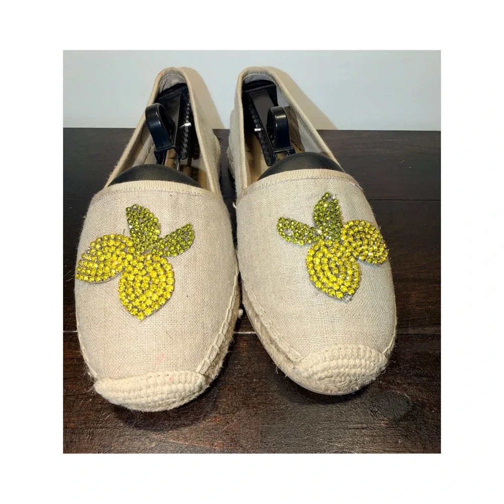 Ann Taylor Espadrilles Rhinestone Lemon Flats Tan Slip‎ on Shoes Sz 9.5M